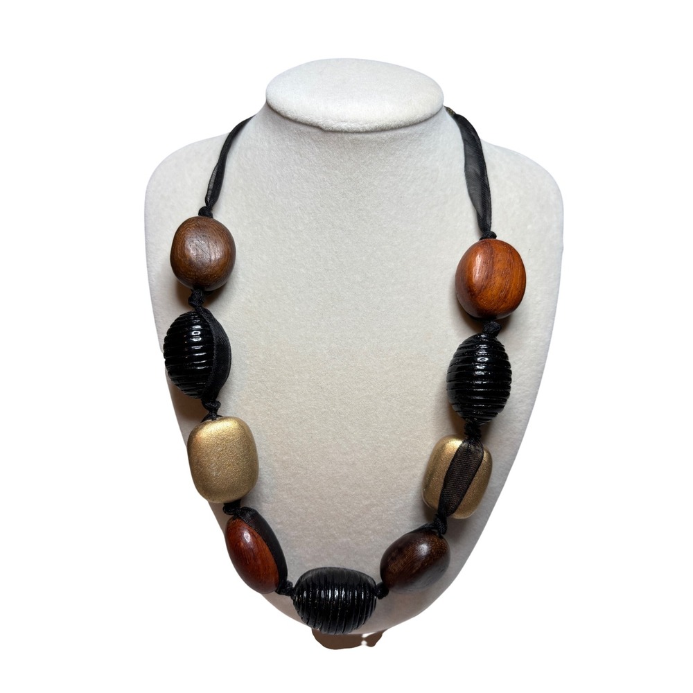 Chunky Wood Bead Statement Necklace Ribbon Tie Gold Black Brown Boho Vintage Y2k